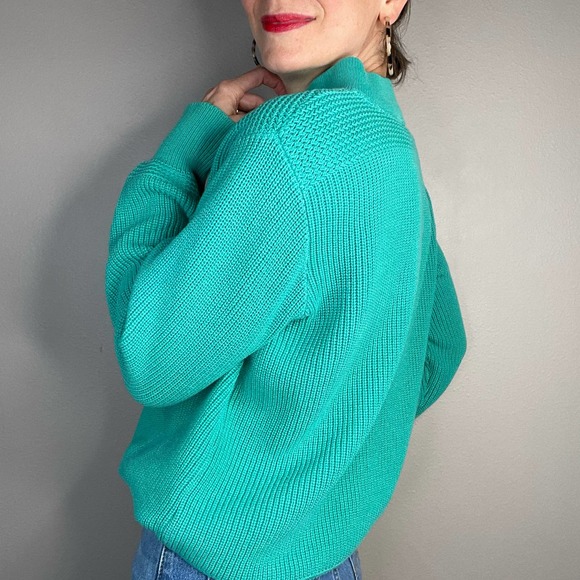 Vintage 90s button henley pullover sweater chunky knit grandpa cotton teal green - Picture 15 of 17
